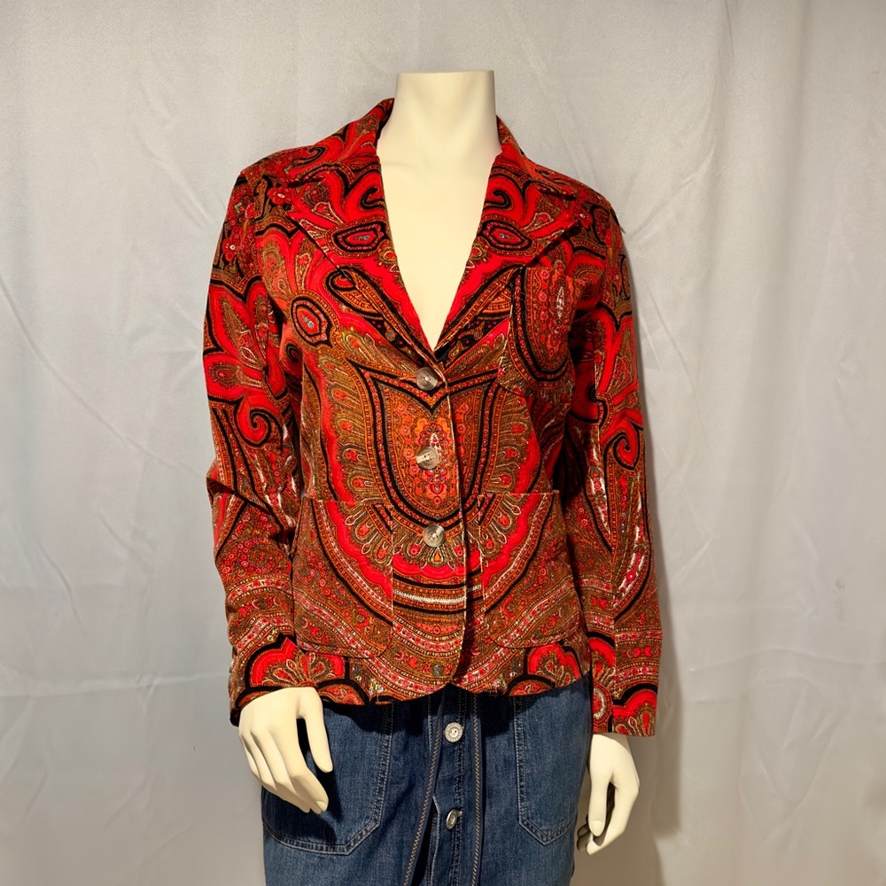 Vintage Womens 60s Style Mod Orange Paisley Cotton Corduroy Blazer Small
